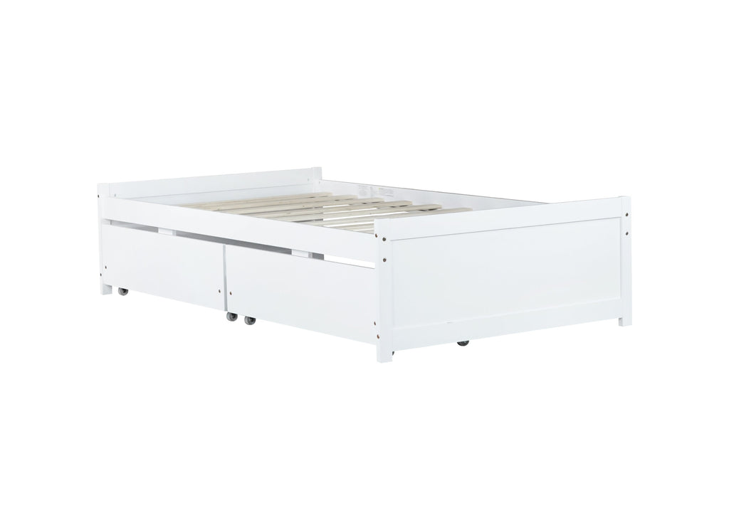 Twin Size Bed with 2 Drawers, Solid Rubber Wood Bed,White