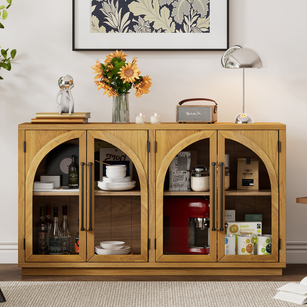 TREXM 4-Door Large Storage Sideboard Buffet Cabinet with Glass Doors, Arched Cabinet with Adjustable Shelves for Kitchen, Dining Room and Living Room (Natural Wood)
