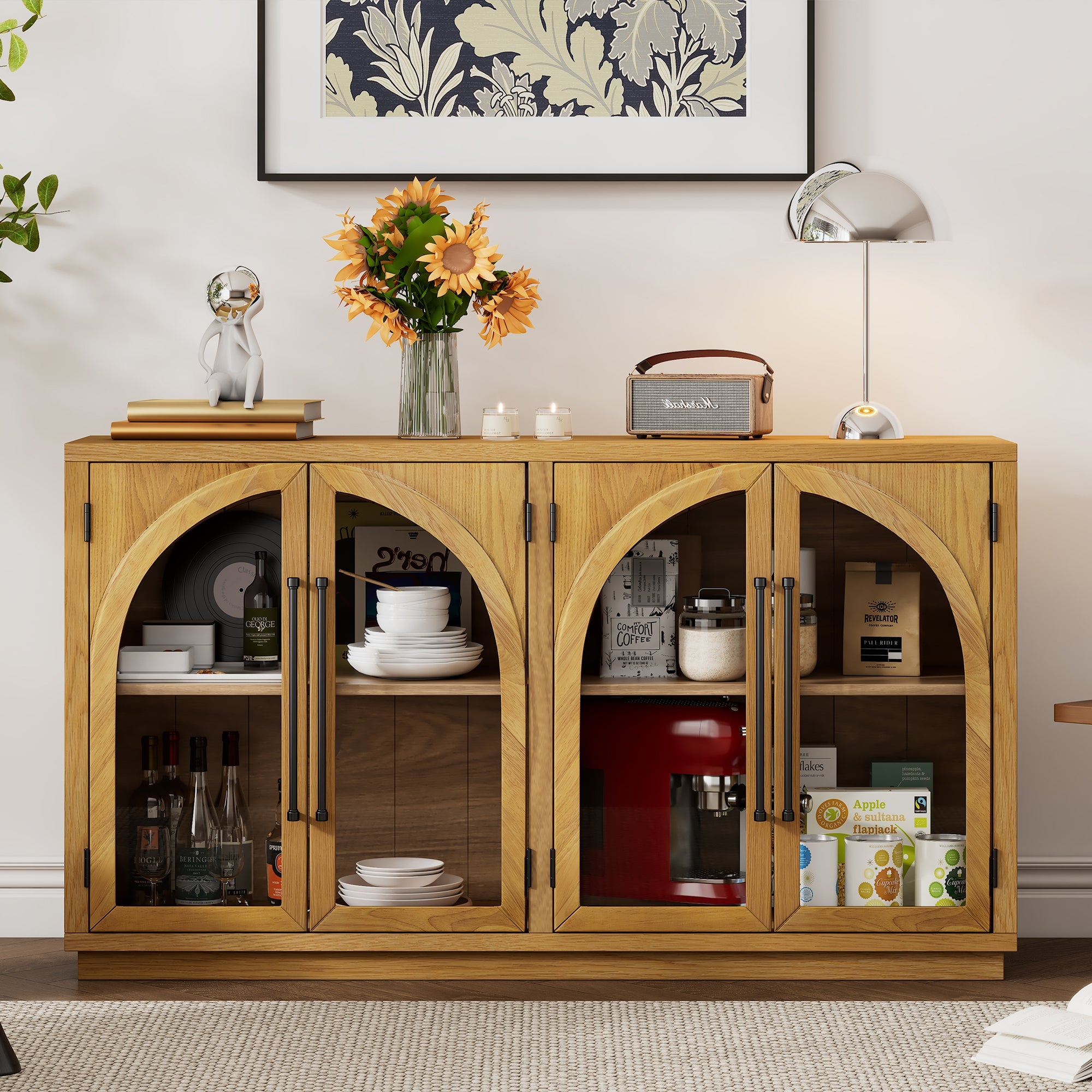 TREXM 4-Door Large Storage Sideboard Buffet Cabinet with Glass Doors, Arched Cabinet with Adjustable Shelves for Kitchen, Dining Room and Living Room (Natural Wood)