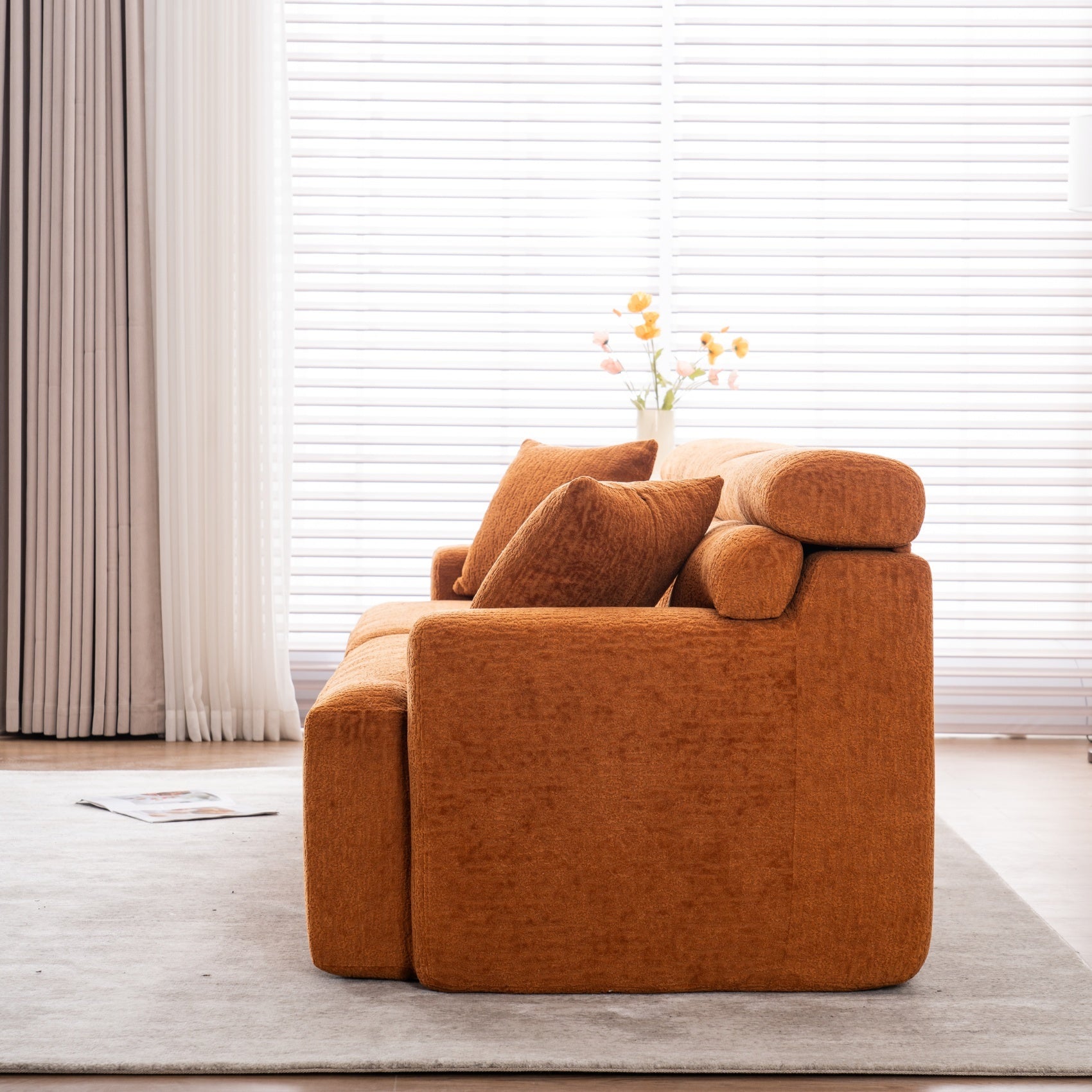 LY-029 Reconfigurable 4-Seater Sectional Sofa with Wood Grain Chenille Fabric, Amber Orange Modular Sofa with 2 Pillows, High-Density Sponge Couch for Living Room & Apartment