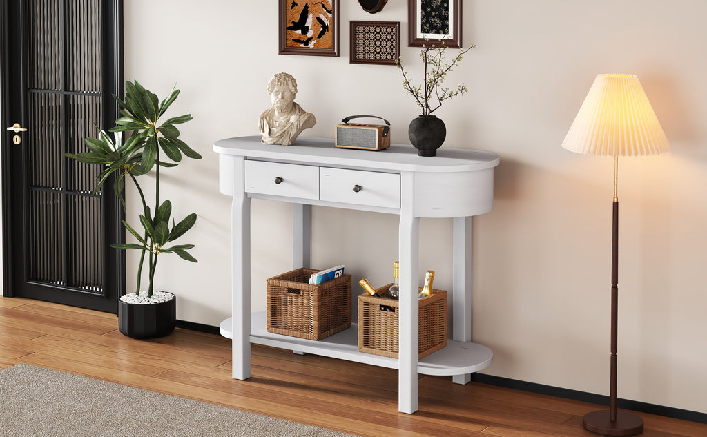 TREXM Elegant Retro Console Table with Curved Design and Smooth Glaze for Entryways, Living Rooms and hallways (Antique White)