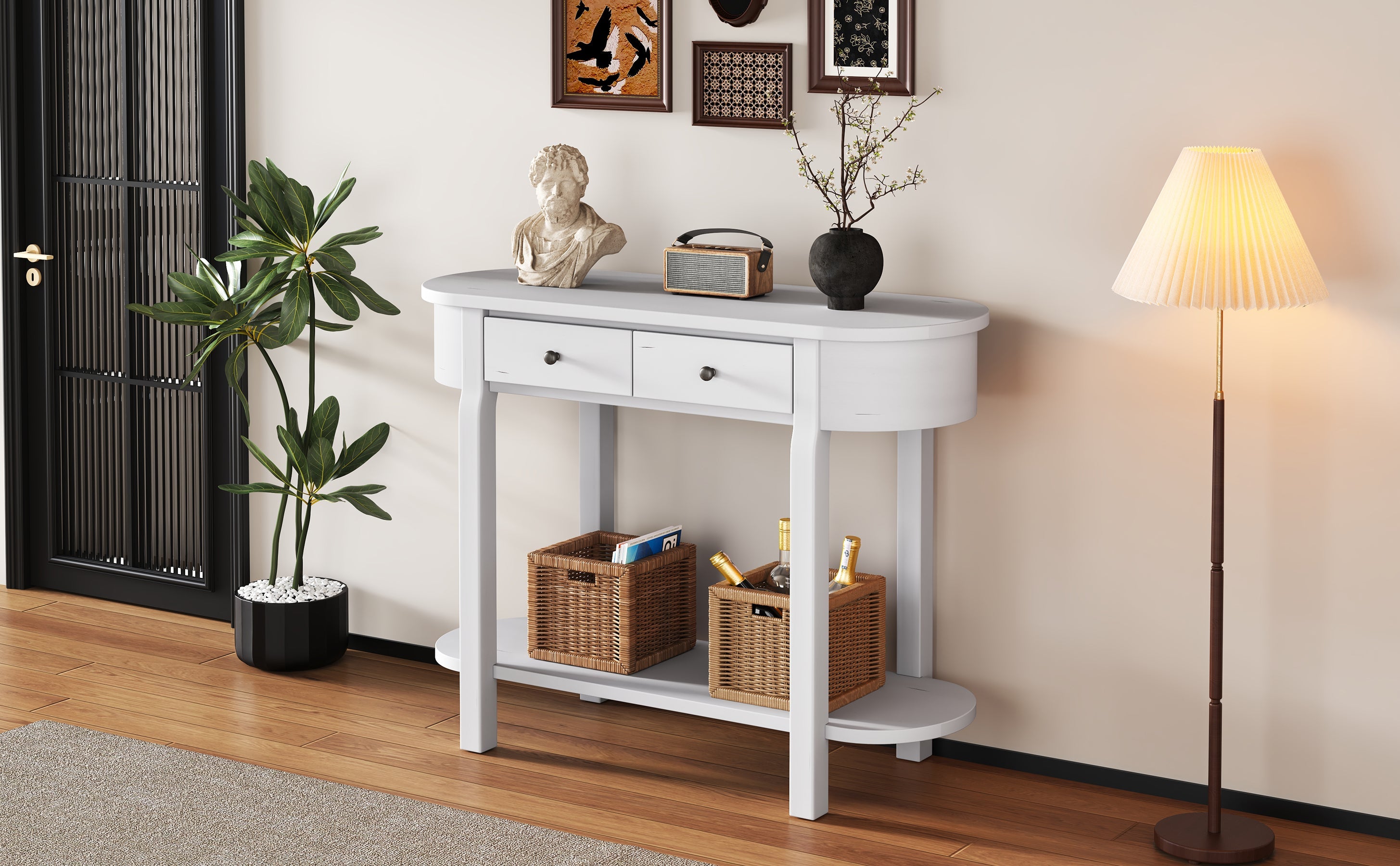TREXM Elegant Retro Console Table with Curved Design and Smooth Glaze for Entryways, Living Rooms and hallways (Antique White)