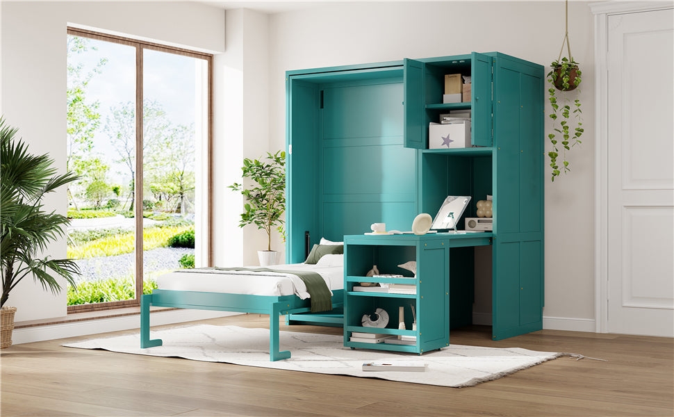 Twin Size Rotating Wall Murphy Beds with Bookshelf, Top Cabinet, Extendable Desk & Side Storage, Teal