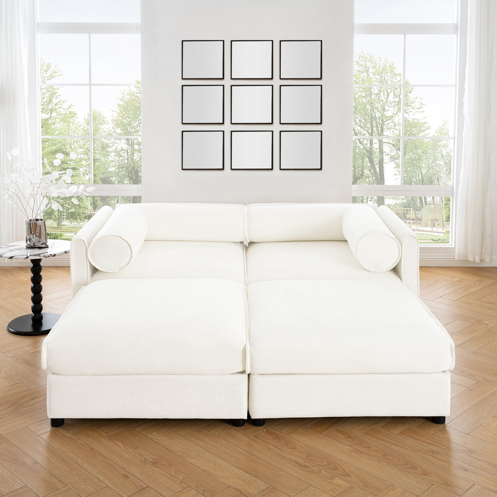 Stylish White Chenille 2-Seater Sofa with 2 Ottoman Storage Seat, Cylindrical Backrest and Armrests, Modern Fabric Loveseat Featuring Hidden Storage Space