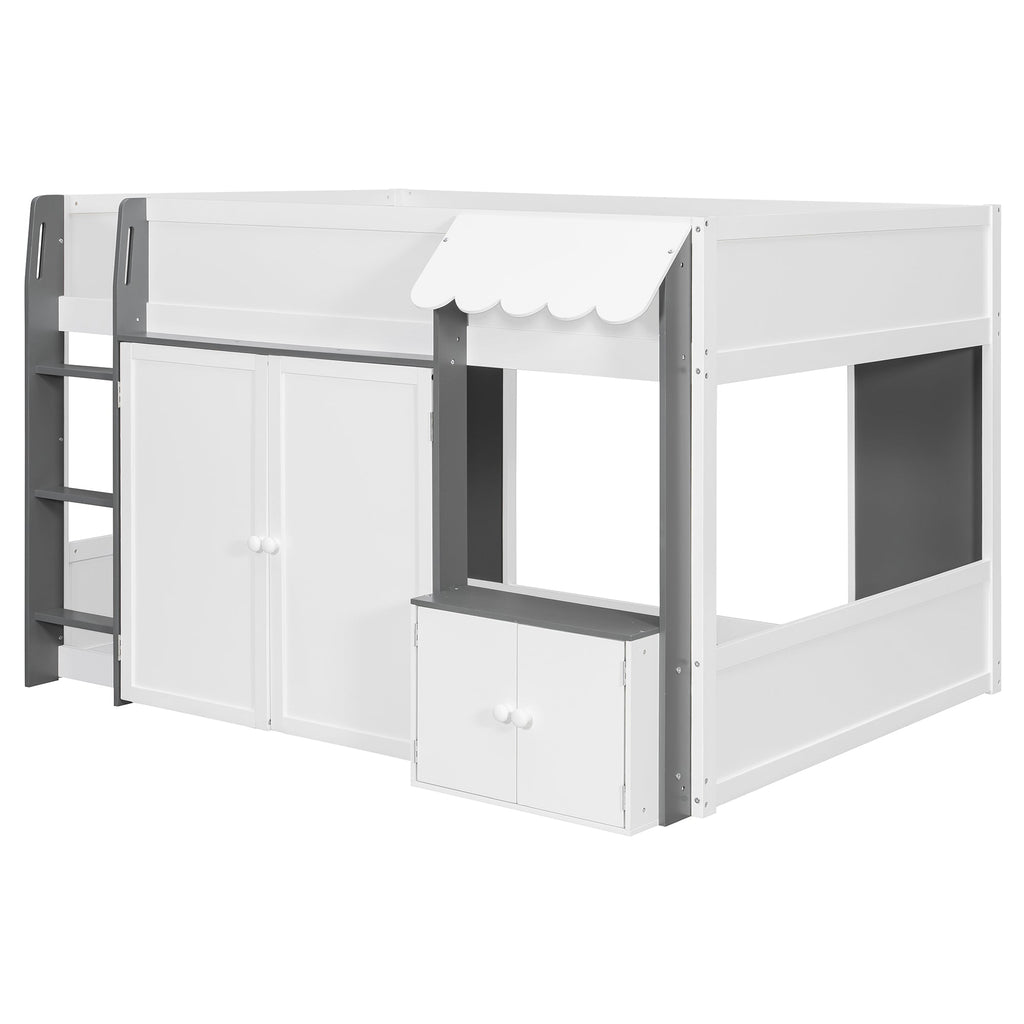 Full Loft House Bed with Playhouse & Storage, Modern Wood Cabin Bed for Kids/Teens, White+Gray