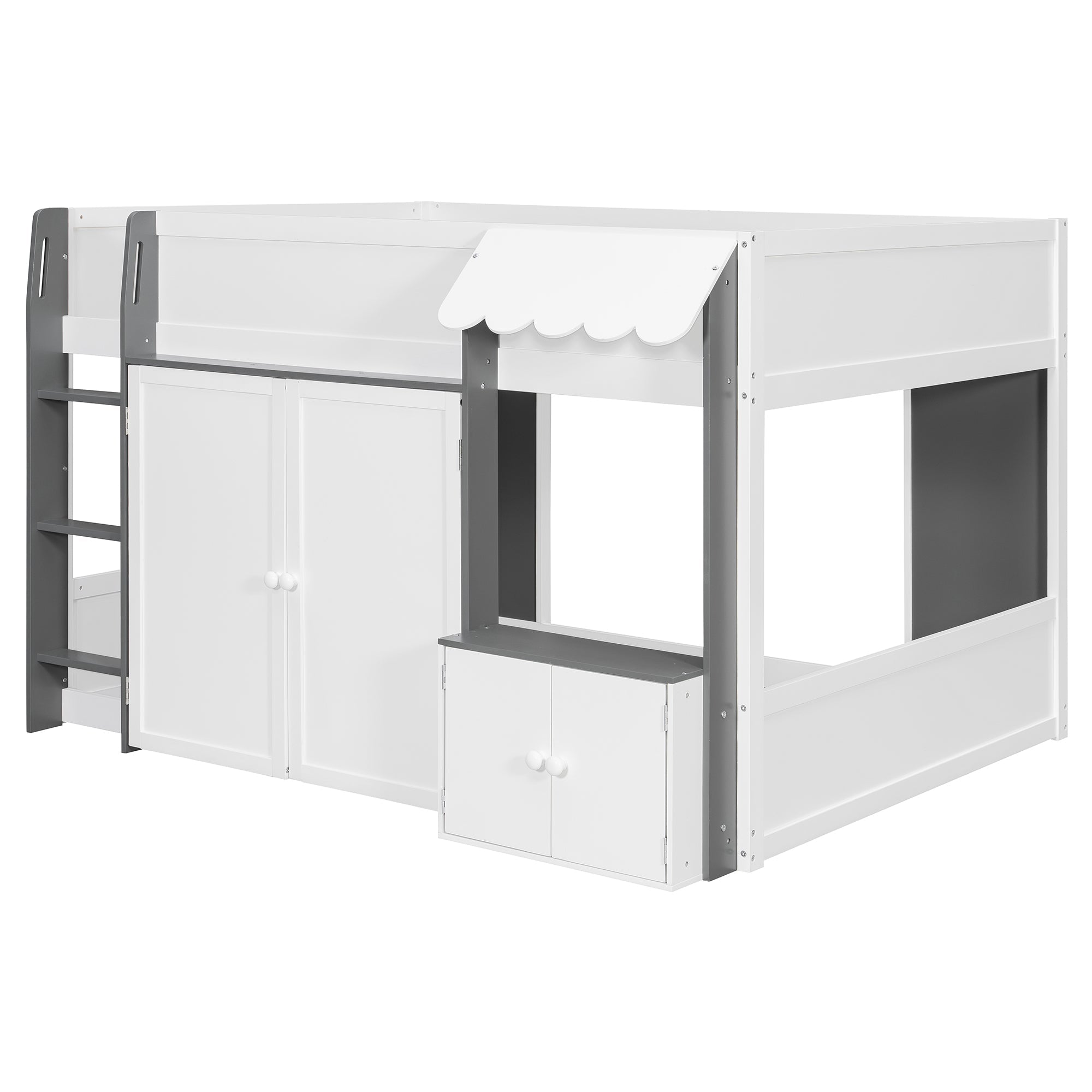 Full Loft House Bed with Playhouse & Storage, Modern Wood Cabin Bed for Kids/Teens, White+Gray