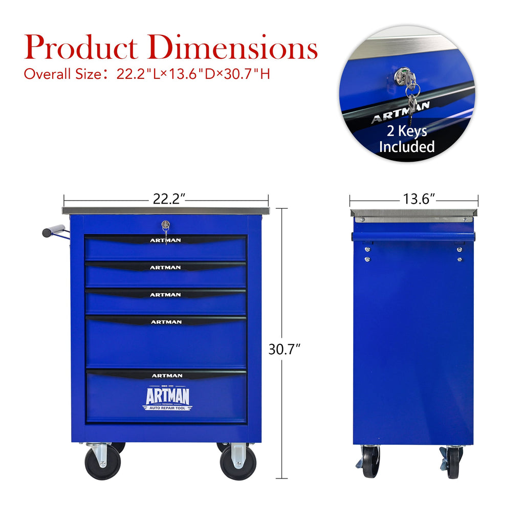 5 Drawers Multifunctional Tool Cart with Wheels,Metal Rolling Tool Cart Storage for Garage Workshop Warehouse Repair Shop--With Stainless Steel Roof- BLACK&BLUE