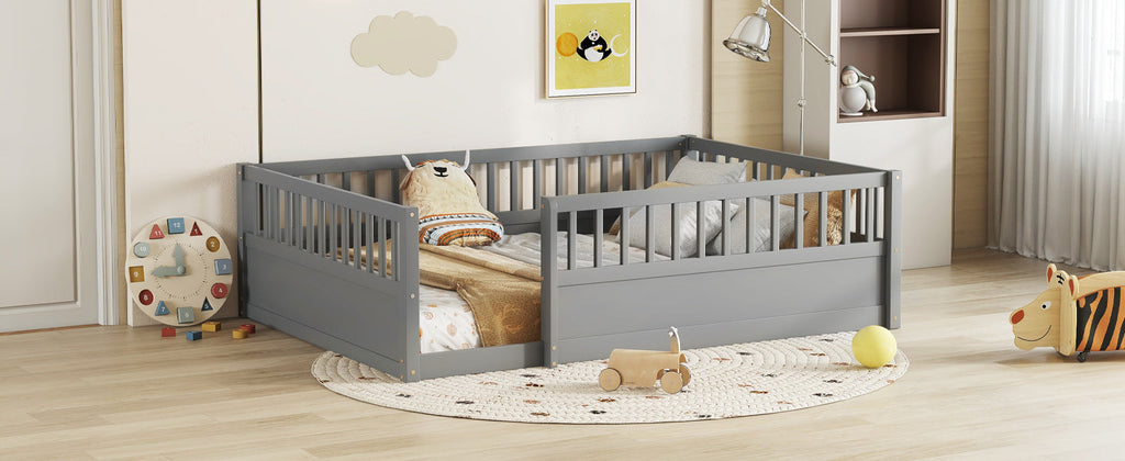 Full Floor Bed Frame with Fence, Montessori wooden children's floor bed,Wood Kids Floor Beds Frame for Bedroom Playroom,Gray