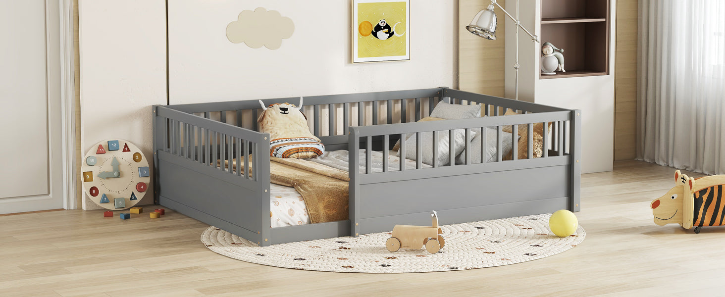 Full Floor Bed Frame with Fence, Montessori wooden children's floor bed,Wood Kids Floor Beds Frame for Bedroom Playroom,Gray