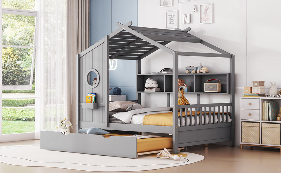 Wooden Full Size House Bed With Trundle, Modern Design for Kids with Storage Shlef, Gray(old SKU HL000095AAE)
