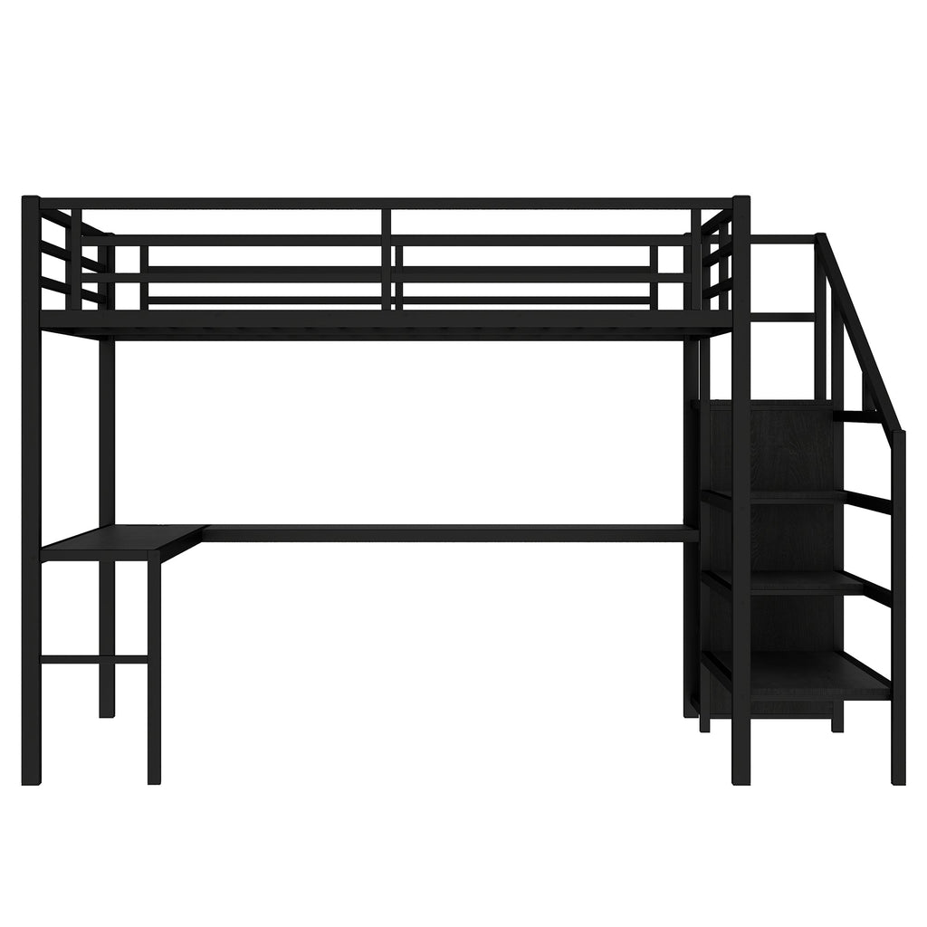 Queen Size Loft Bed with L-shaped Desk and USB, Metal Loft Bed with Wardrobe and Adjustable Shelf, High Loft Bed with LED for Kids Teens Adults, Black