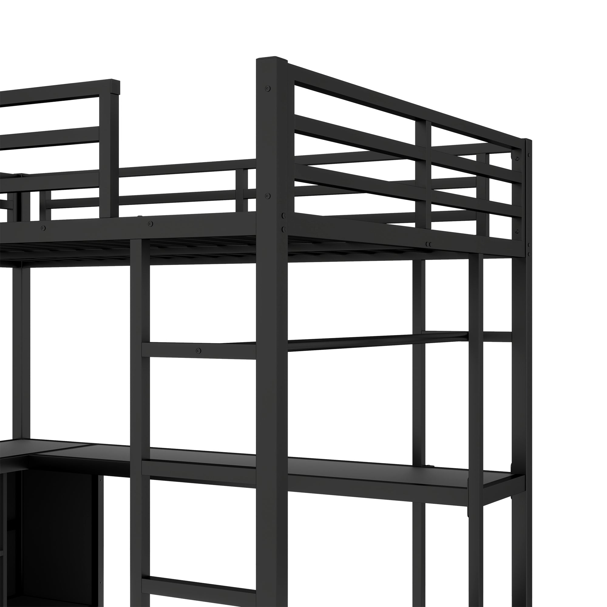 Metal Loft Bed with Wardrobe and L-shaped Desk, Full Size Loft Bed with Storage Cubes and Shelves, Loft Bed for Kids Teens Adults, Black