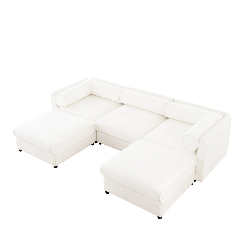 Elegant White Chenille  Sofa with Storage Seat and Ottoman, U-Shaped 3-Seater Cylindrical Backrest and Armrests, Contemporary 3-Seater Fabric Couch with Hidden Storage Compartment