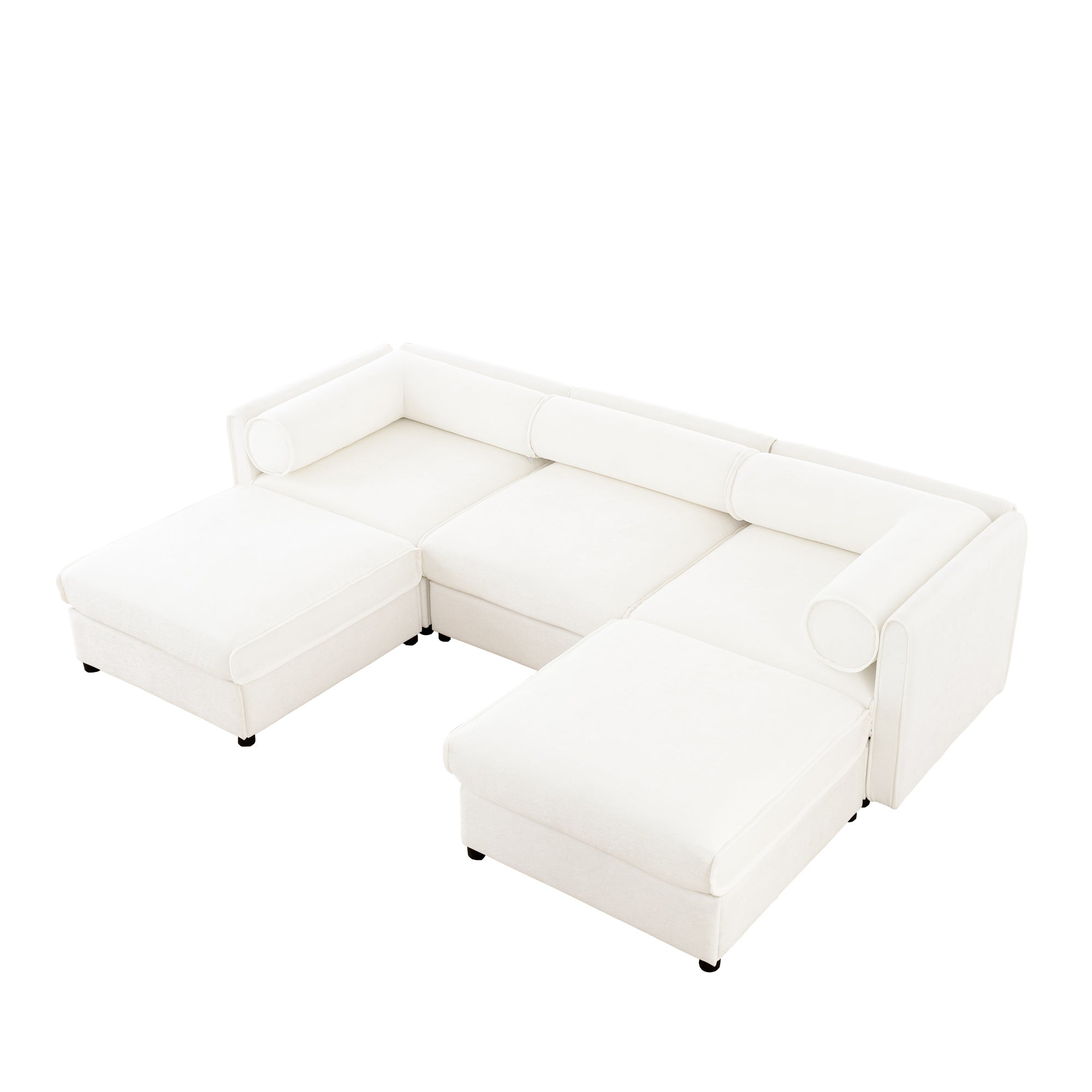 Elegant White Chenille  Sofa with Storage Seat and Ottoman, U-Shaped 3-Seater Cylindrical Backrest and Armrests, Contemporary 3-Seater Fabric Couch with Hidden Storage Compartment