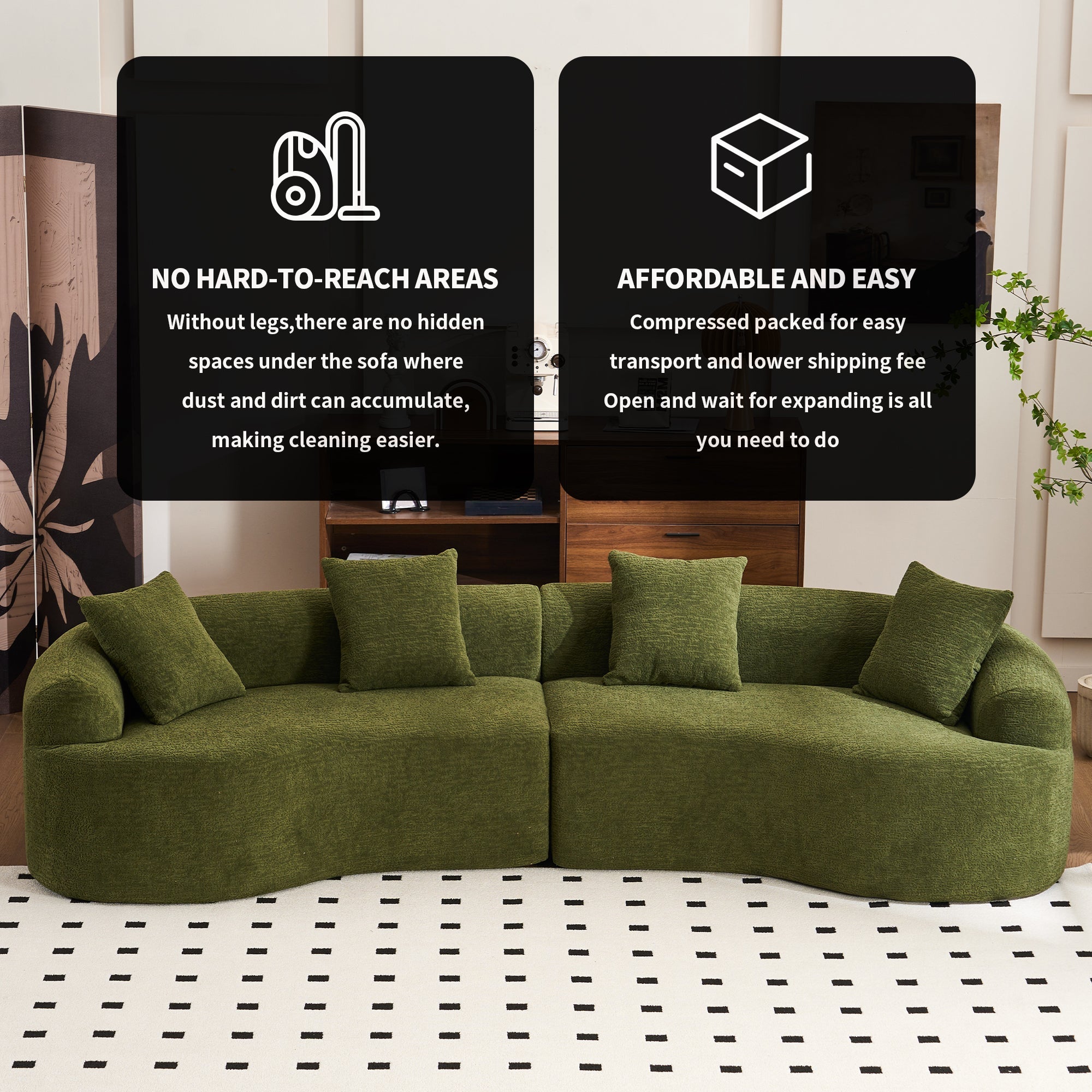 LY-025 Full Compression Sponge Sofa Forest Green Curved Modular Sectional, Chenille Upholstery, 110''L