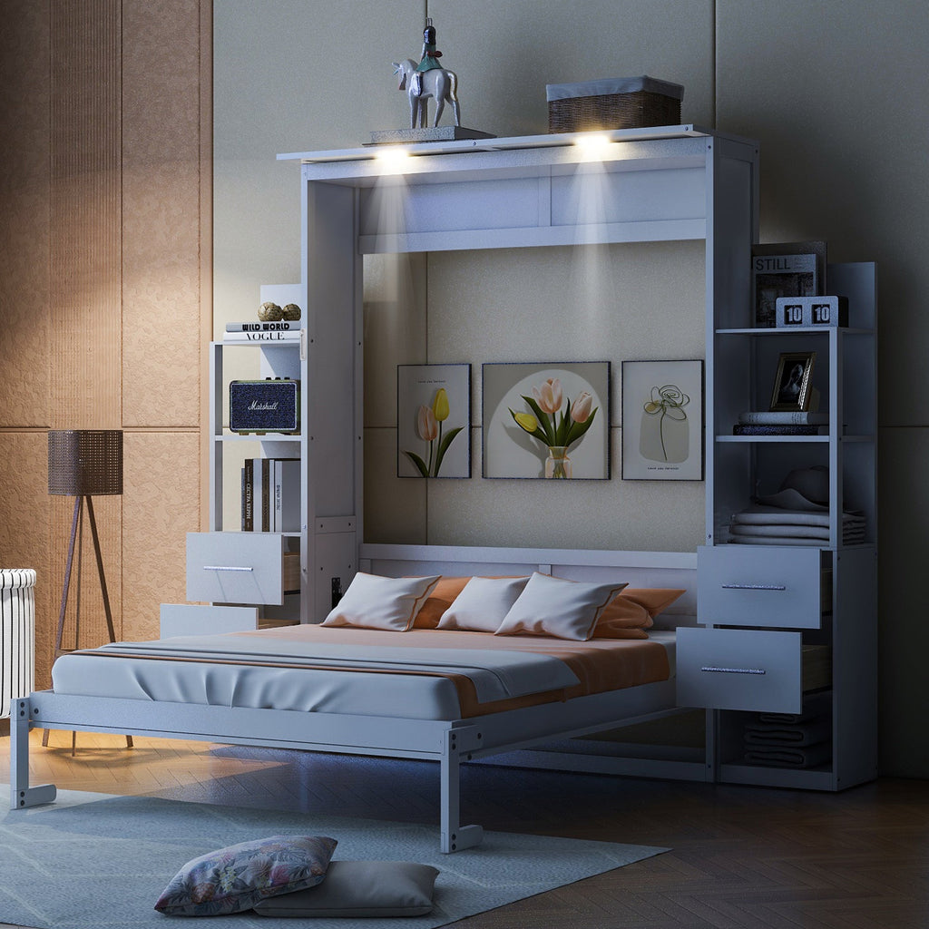 Queen Size Murphy Bed Wall Bed with Shelves, Drawers and LED Lights,White(OLD SKU:LP000566AAK-1)