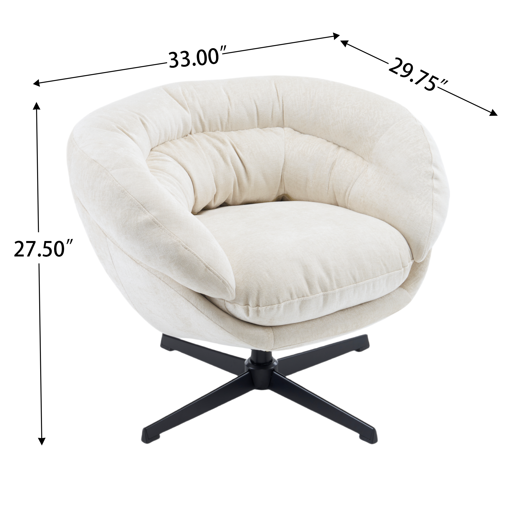 Modern Chenille Office Chair, 360° Swivel Club Chair/Accent Chair with Removable Cushion, Round Office Chair, Black Metal Base, Cotton Material, Living Room, Bedroom, Reading Corner, Office (Beige)