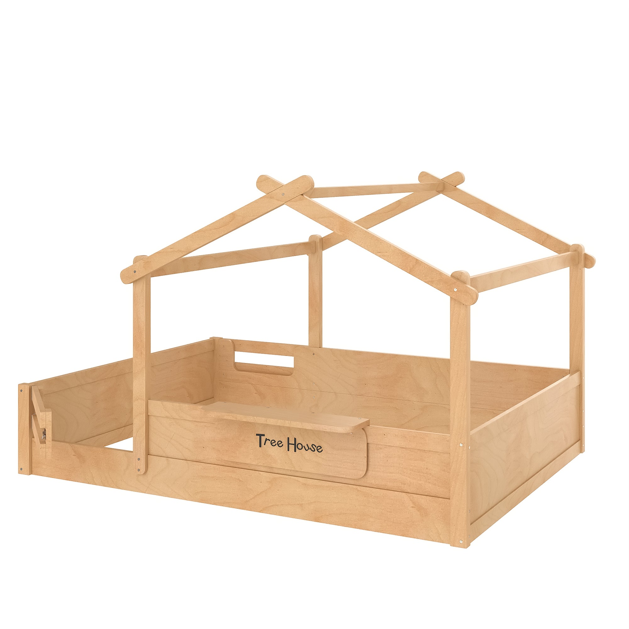 Queen Size Floor Bed with Guardrails and Roof, Kids House Floor Bed with a Small Built-in Tray and Free-installed Signboard, Childlike Design,Natural