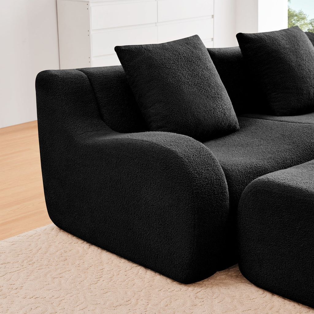 U-Shaped Boneless Sofa,Teddy Fabric No assembly required Curved armrest,Anti-slip Design,Streamlined Design 32D High Density Sponge,Full Compression Vacuum Packag,For Studies living Rooms,Black