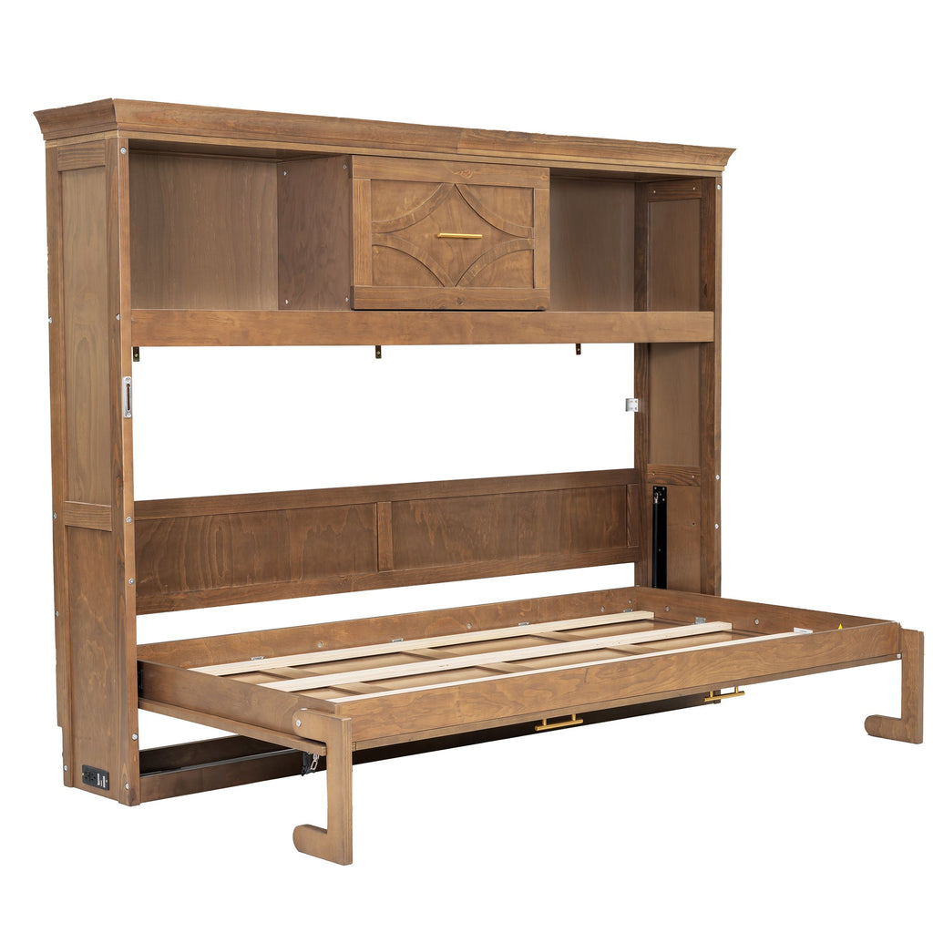 Twin Size Murphy Bed with Charging Station and Drawer in Wood Color, Solid Pine Wood + MDF