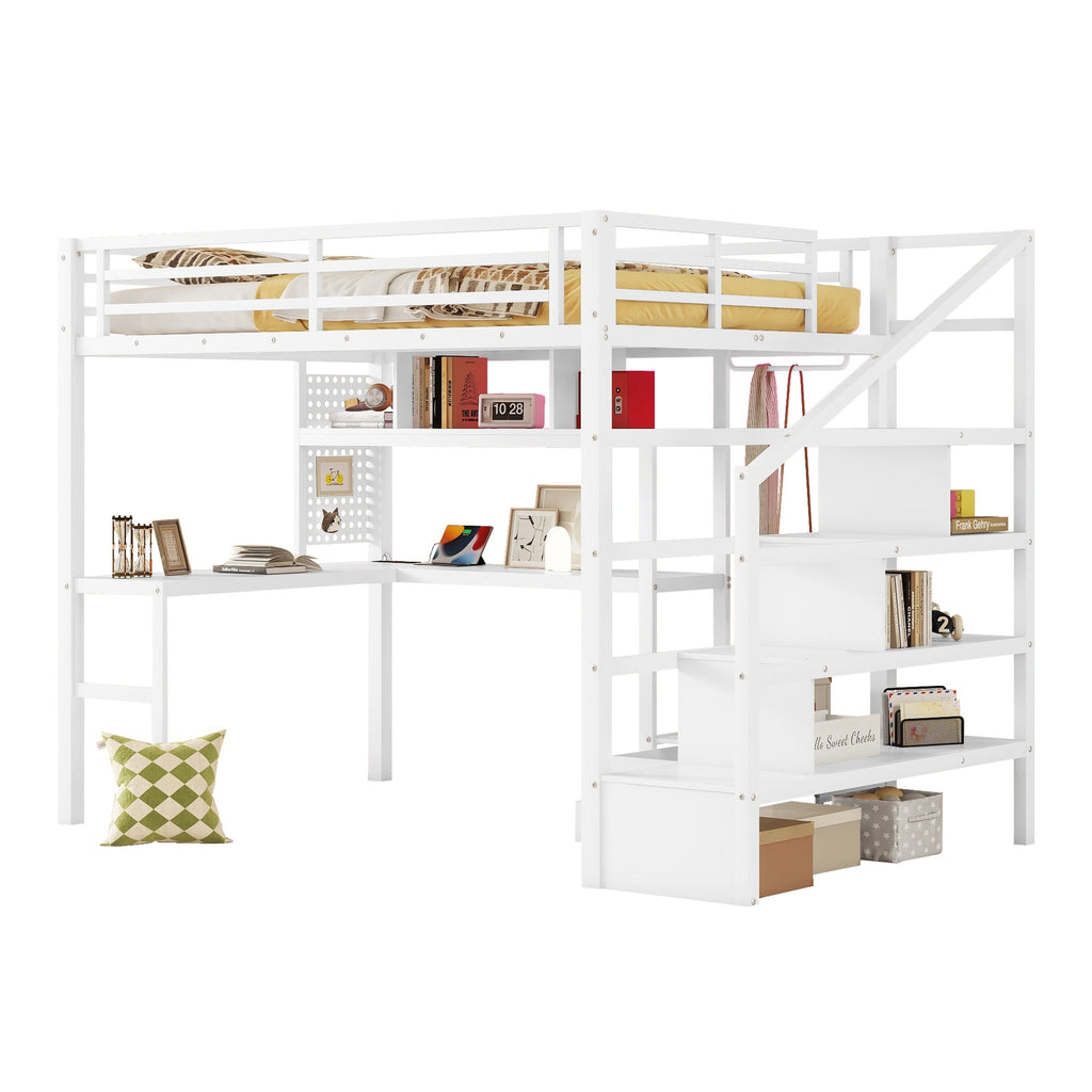 Full Size Loft Bed with LED Light & Charge Station, Metal Loft Bed with Desk and Staircase, Loft bed with Wardrobe for Kids, White (Expect Arrival Date 2025/4/30)