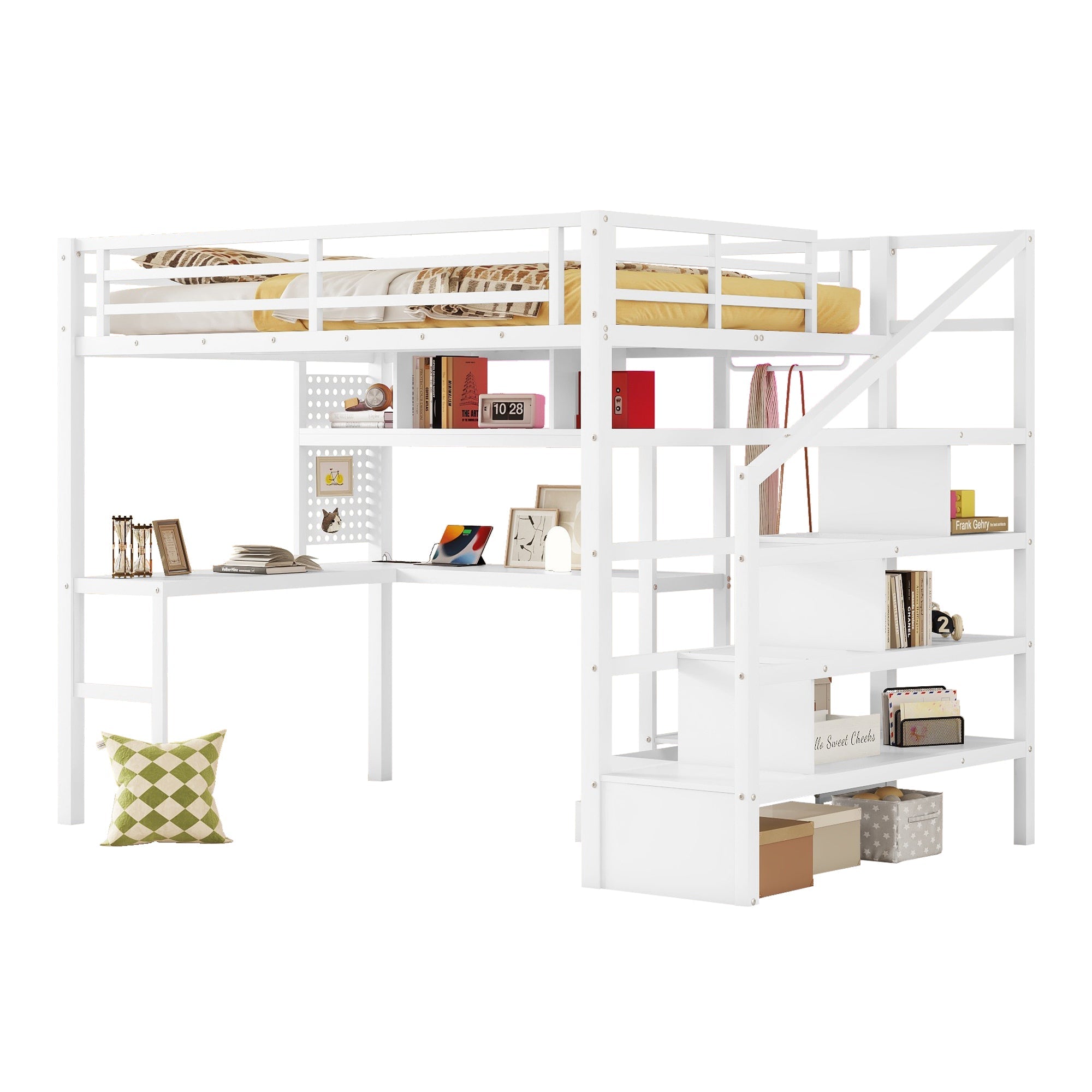 Full Size Loft Bed with LED Light & Charge Station, Metal Loft Bed with Desk and Staircase, Loft bed with Wardrobe for Kids, White (Expect Arrival Date 2025/4/30)