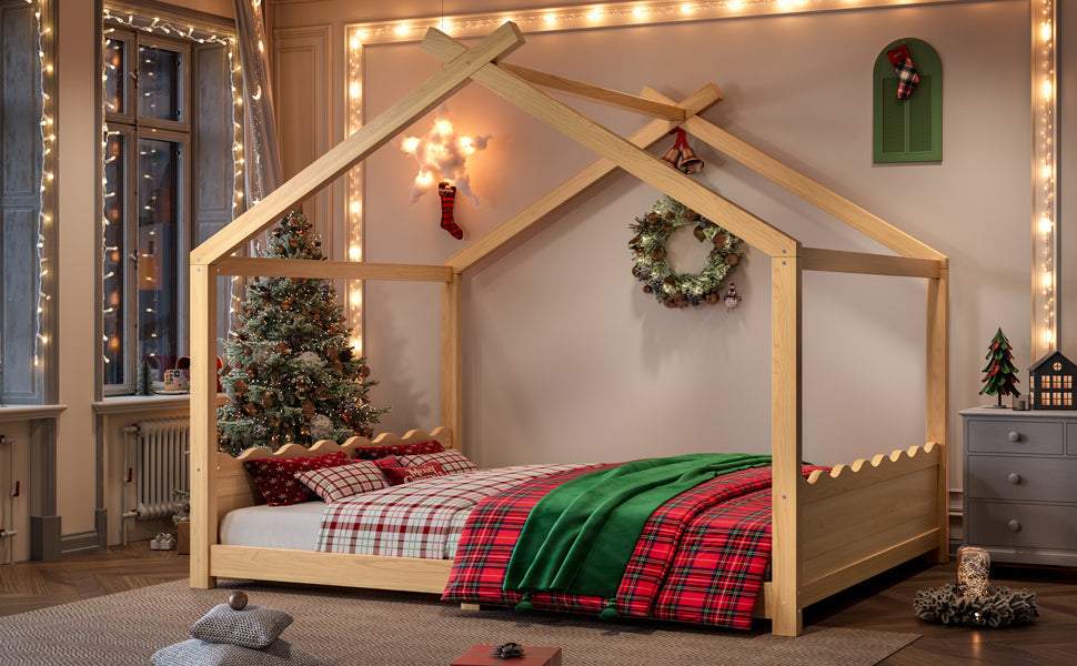Queen House Floor Bed with Support Slats, Solid Wood House Bed Frame for Kids, No Box Spring Needed and Opening Constructure, Natural