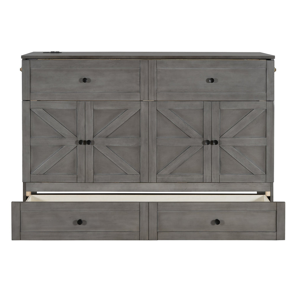 Queen Size Murphy Bed with Large Drawers & USB Ports,Brushed Gray