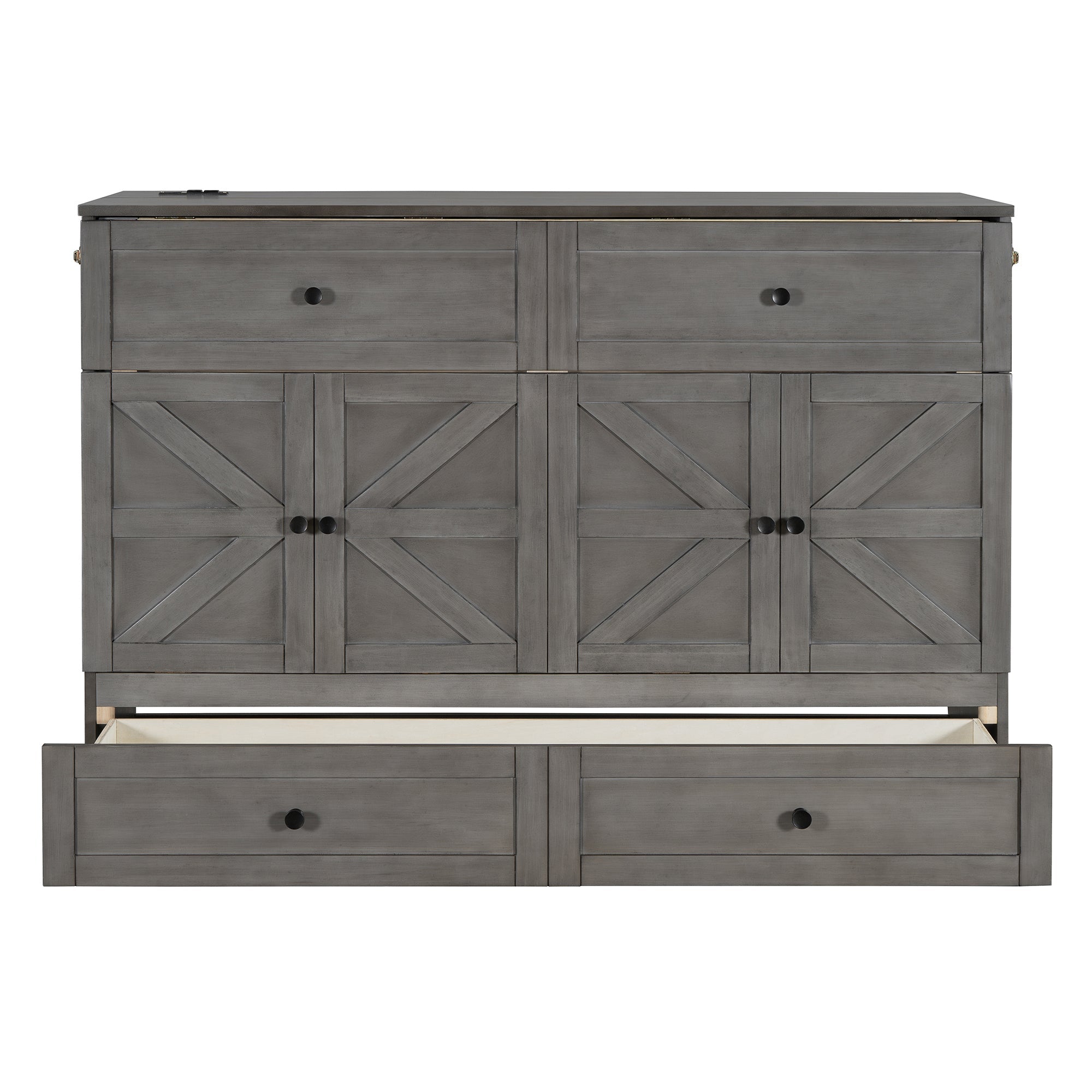 Queen Size Murphy Bed with Large Drawers & USB Ports,Brushed Gray