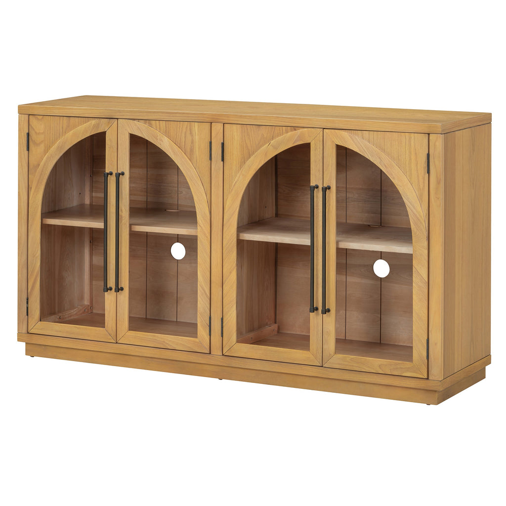 TREXM 4-Door Large Storage Sideboard Buffet Cabinet with Glass Doors, Arched Cabinet with Adjustable Shelves for Kitchen, Dining Room and Living Room (Natural Wood)