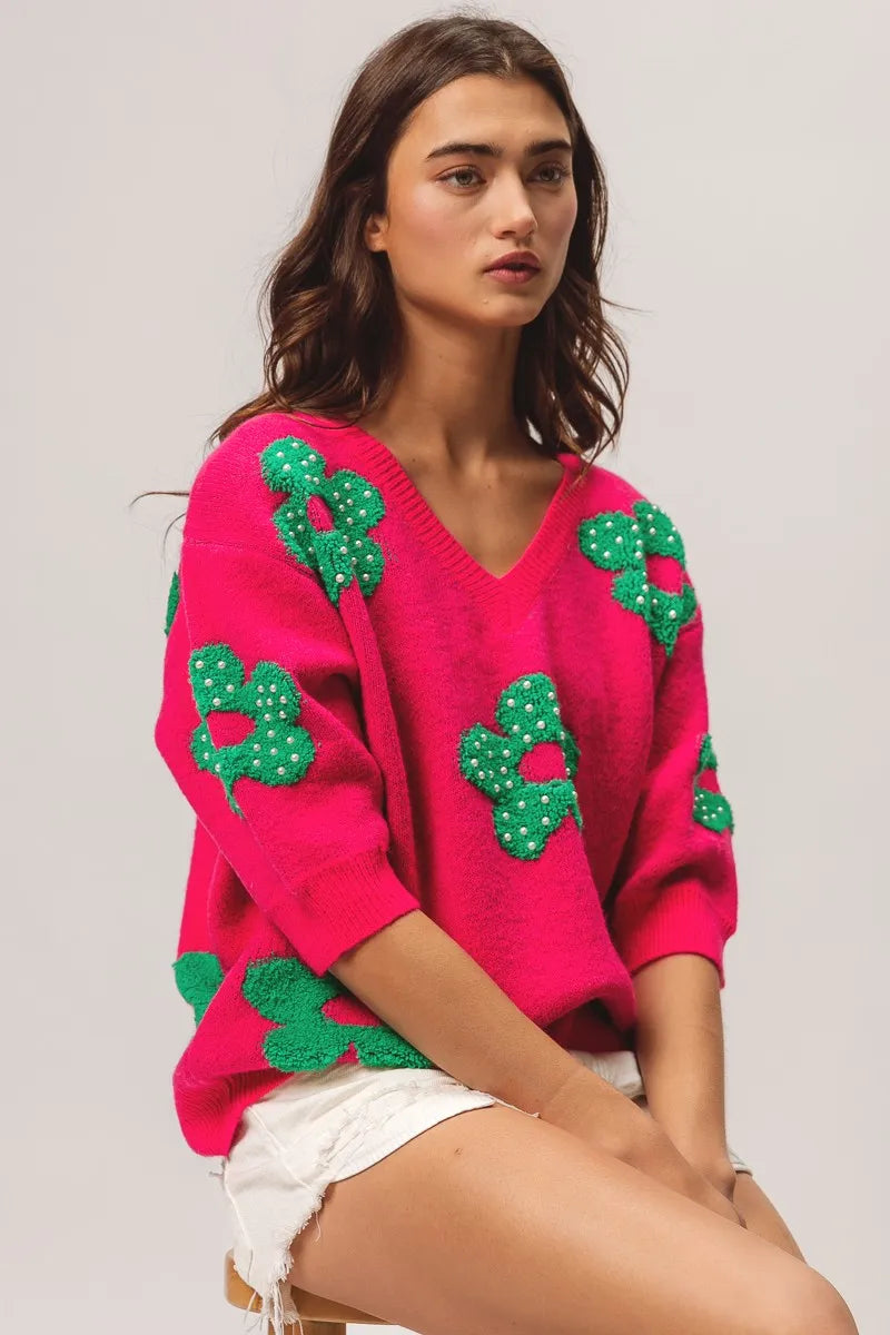 BiBi Pearl Beads Flowers Sweater Top