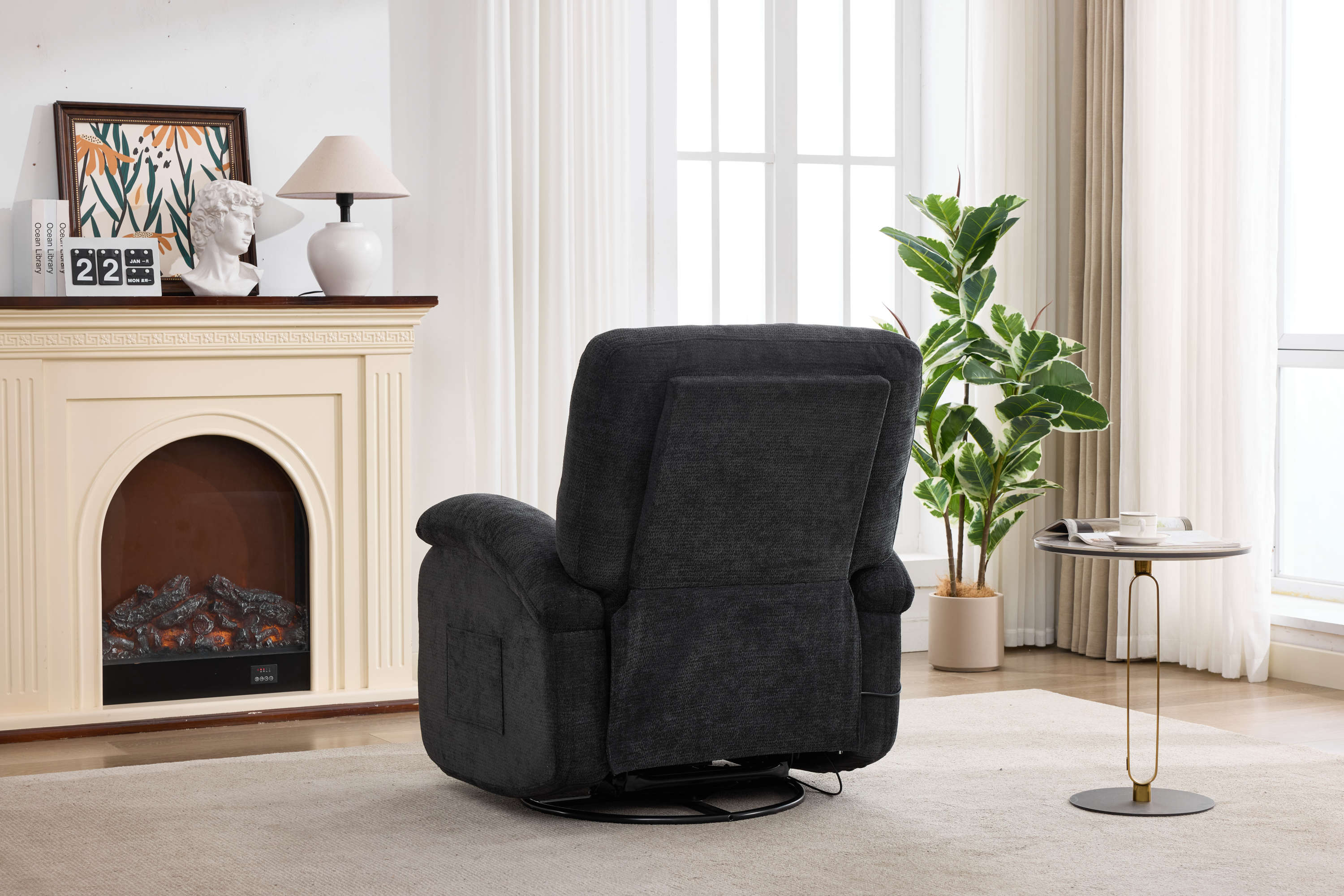Hot massage manual lounge chair, with rocker arms and rotating fabric, with cup bucket, for living room, black