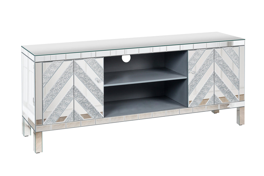 47 Inch Mirror TV Media Console with Diamond Glass Doors, Dual Door Design with Open Storage Space, Compatible with 50-Inch TVs, Modern Decor for Living Room & Bedroom