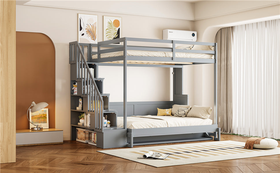 Full Over Full Size Murphy Bed with Hydraulic Lift & Desk Design, Gray