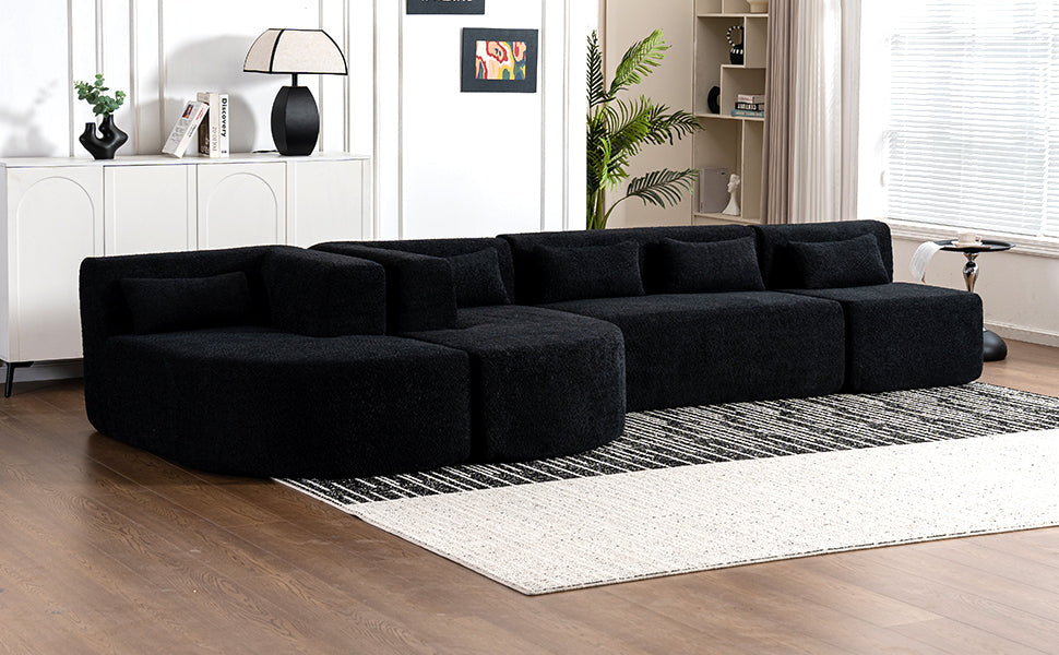 144' Upholstered Sofa Free-combined Sofa Couch with Two Chaise Lounge and Five Back Pillows for Living Room(Old SKU: N719S001600B), Black