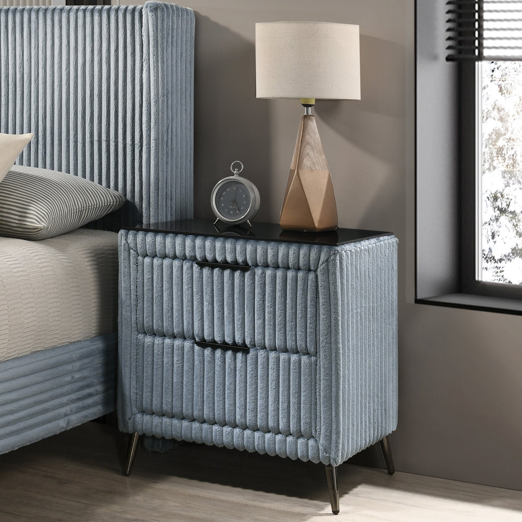Mavela Wide Wale Corduroy Upholstery Panel Queen Bed with 2 Nightstands, Blue