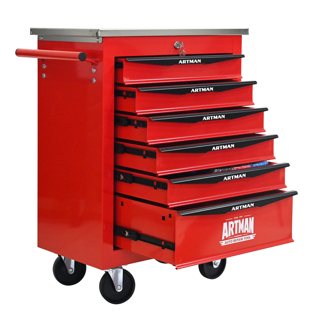 6 Drawers Multifunctional Tool Cart with Wheels,Metal Rolling Tool Cart Storage for Garage Workshop Warehouse Repair Shop--With Stainless Steel Roof- Red&Black
