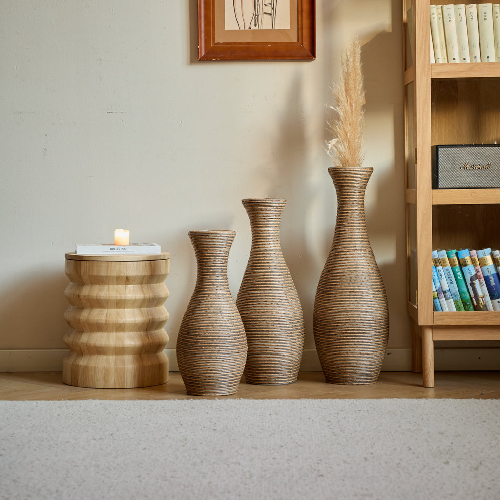 3-Piece Artificial Rattan Floor Vase Set – Decorative Accent for Living Room, Hallway & Entryway, Ideal for Dried or Silk Flower Arrangements, Beige
