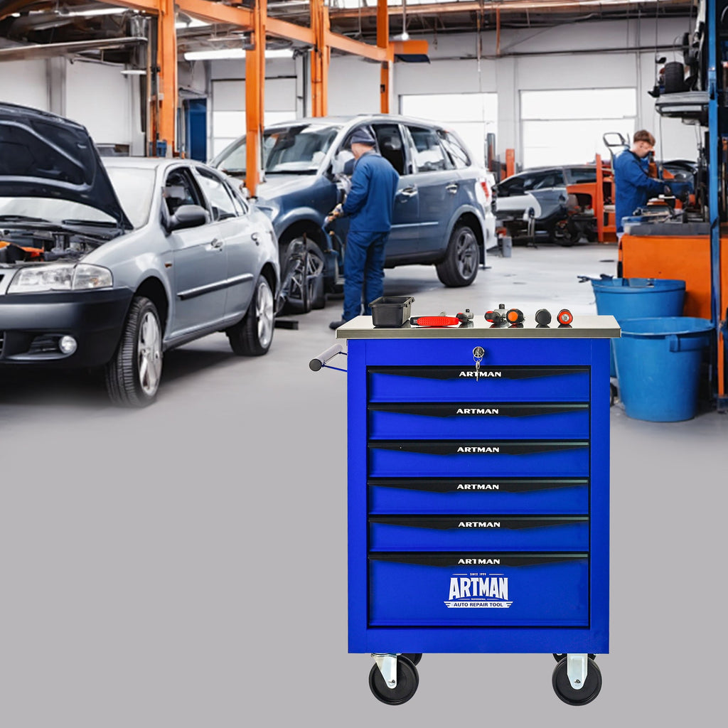 6 Drawers Multifunctional Tool Cart with Wheels,Metal Rolling Tool Cart Storage for Garage Workshop Warehouse Repair Shop--With Stainless Steel Roof- BLACK&BLUE