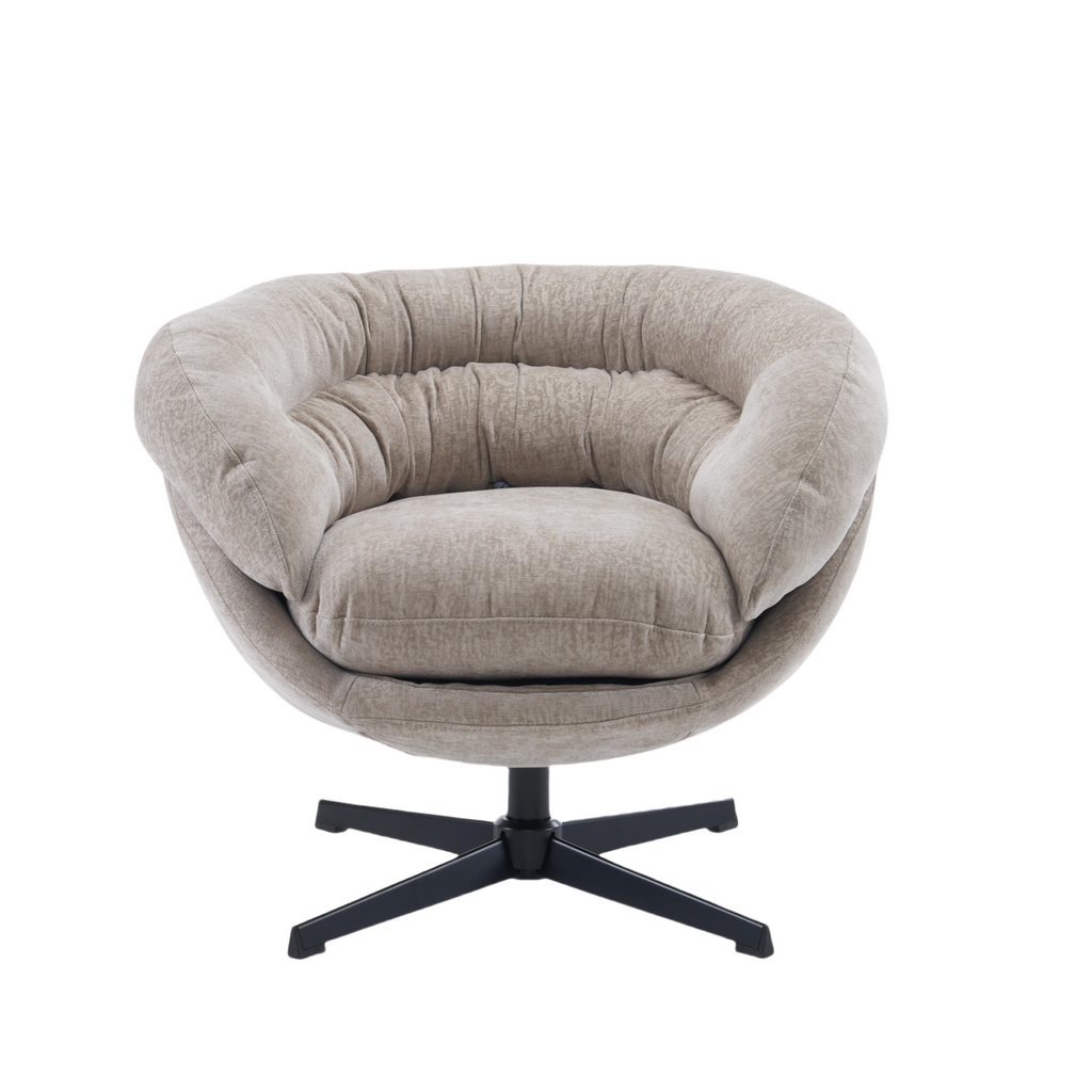 Modern Chenille Office Chair, 360° Swivel Club Chair/Accent Chair with Removable Cushion, Round Office Chair, Black Metal Base, Cotton Material, Living Room, Bedroom, Reading Corner, Office (Brown)