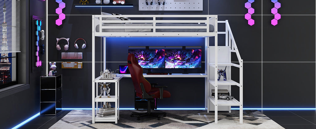 Metal Queen Loft Bed with Wardrobe and LED Light, Queen Size Loft Bed with L Shaped Desk and USB for Kids Teens Adults, White
