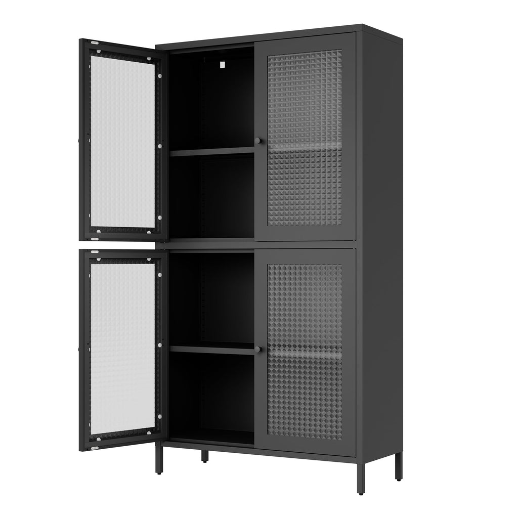 Classic Metal Storage Cabinet Display Cabinet with 4 Glass Doors 4 Shelves Cabinet  Bookcase Side Cabinet for Home Office Living Room Kitchen Hallway - Black, Waffle Grids Tempered Glass