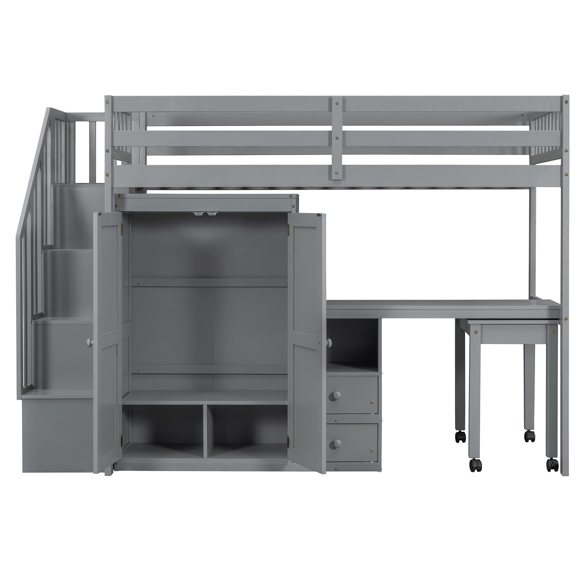 Twin Size Loft Bed with Stairs, Bookshelf, Drawers, Desk & Wardrobe – Space-Saving Multifunctional Furniture for Kids & Teens-Gray
