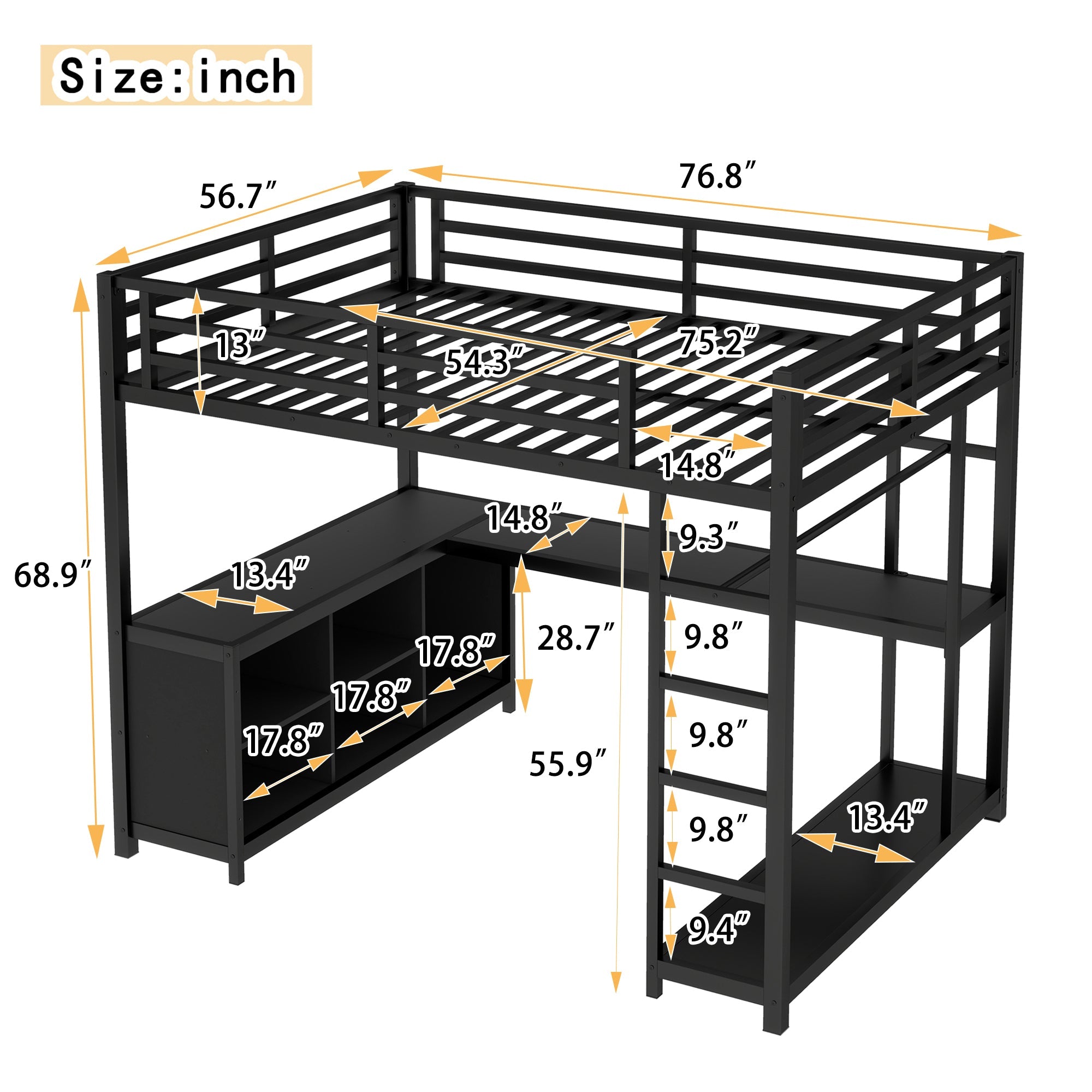 Metal Loft Bed with Wardrobe and L-shaped Desk, Full Size Loft Bed with Storage Cubes and Shelves, Loft Bed for Kids Teens Adults, Black