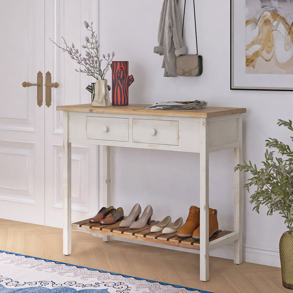 Vintage Two - Drawer Console Table with Open Shelf, Distressed Finish for Entryway & Living Room