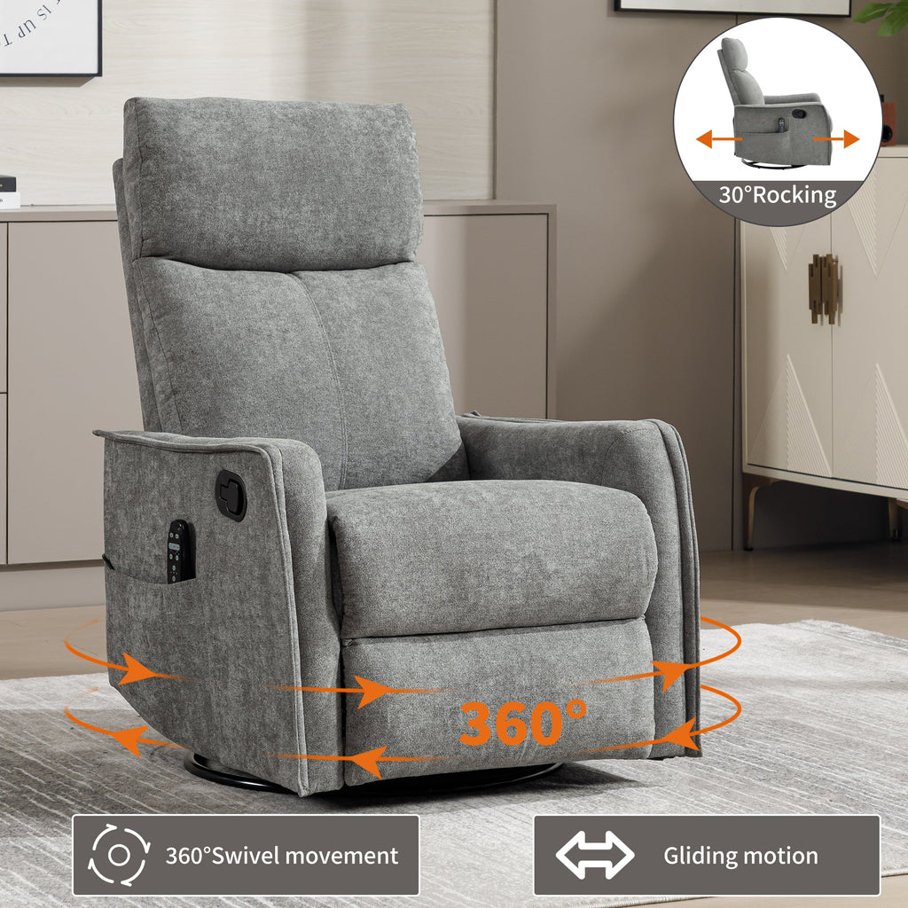 Heat Massage Manual Recliner Chair with Rocker and Swivel in Fabric for Living Room, Light Grey