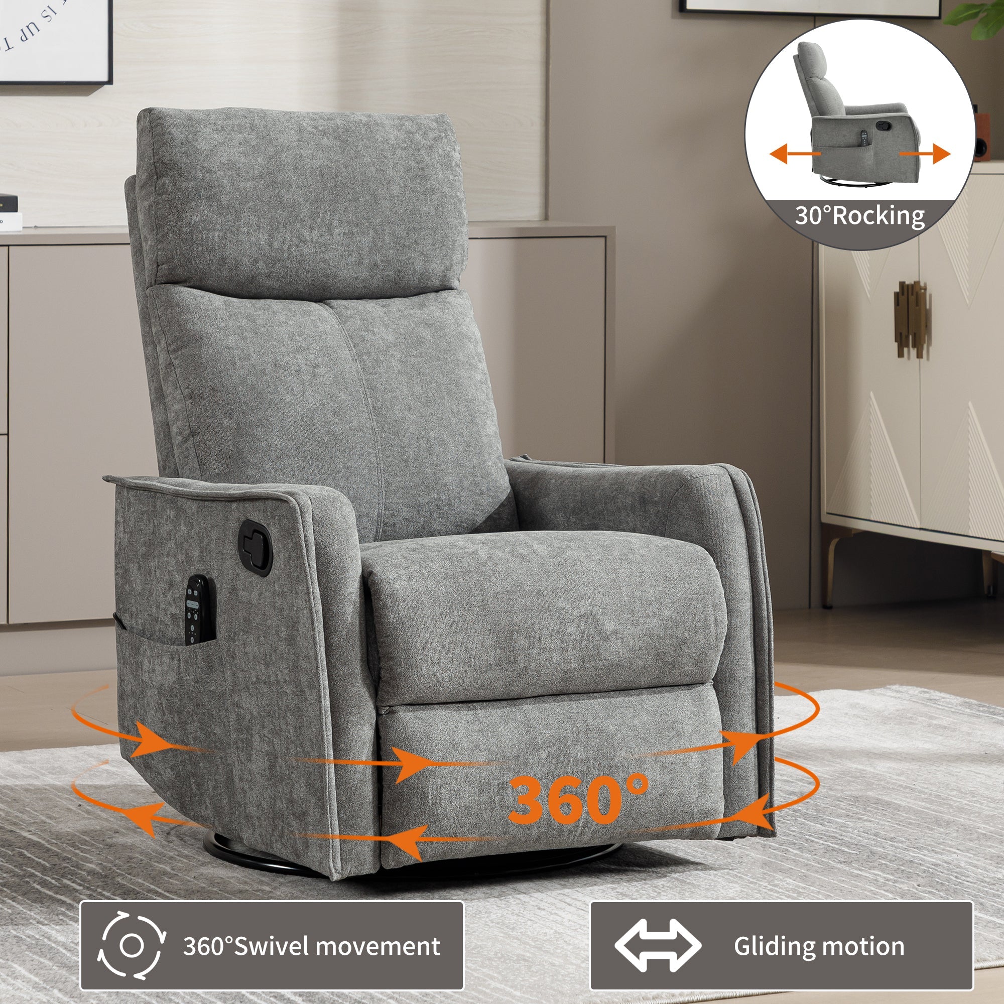 Heat Massage Manual Recliner Chair with Rocker and Swivel in Fabric for Living Room, Light Grey