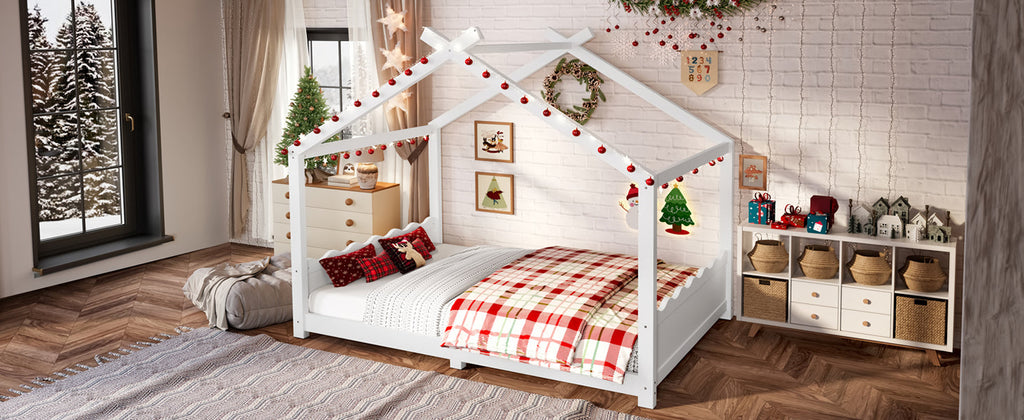 Full House Floor Bed with Support Slats, Solid Wood House Bed Frame for Kids, No Box Spring Needed and Opening Constructure, White