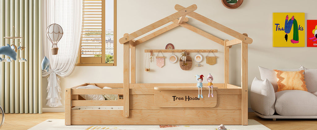 Twin Size Floor Bed with Guardrails and Roof, Kids House Floor Bed with a Small Built-in Tray and Free-installed Signboard, Childlike Design, Natural
