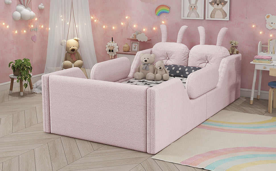 Twin Size Upholstered Platform Bed with Rabbit Cushion, Kids Floor Upholstered Bed with Removable Side Rails, Pink(Expect Arrival Date 2025/1/15)
